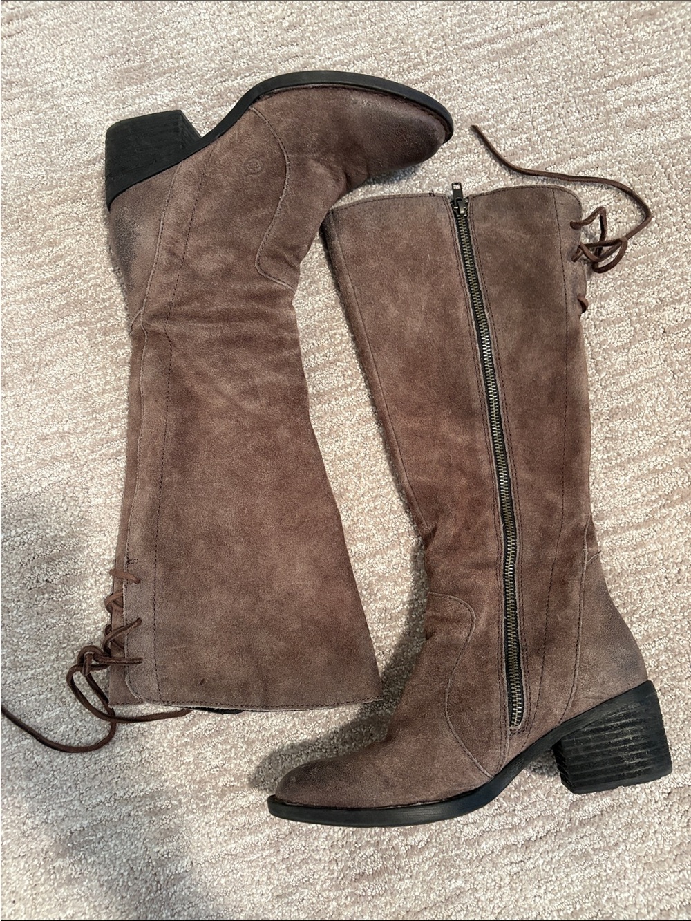 Born Taupe Suede Knee-High Lace-Back Boots